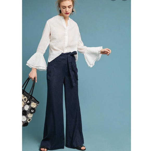 Anthropologie Pants - Anthropologie | Navy Wide Leg High Rise Linen Pant